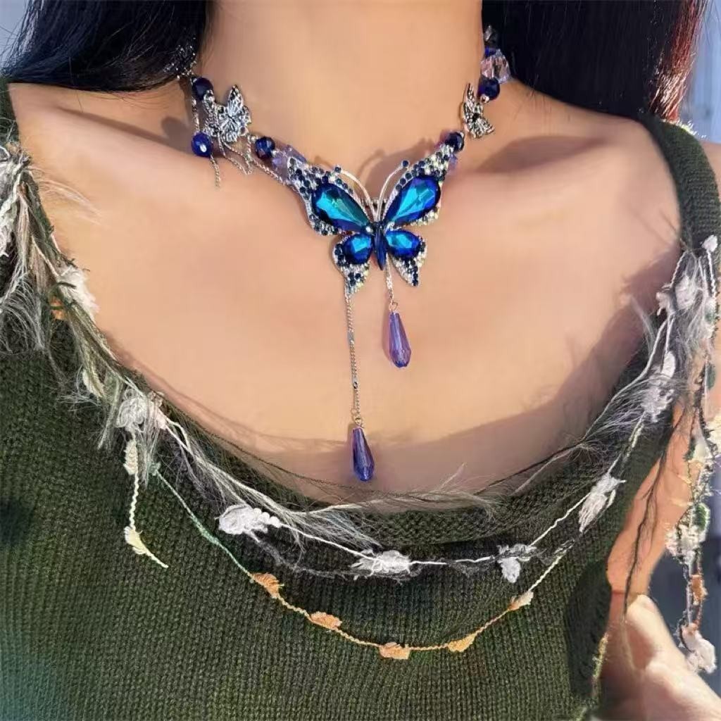 Y2K Blue-Purple Sparkling Butterfly Necklace