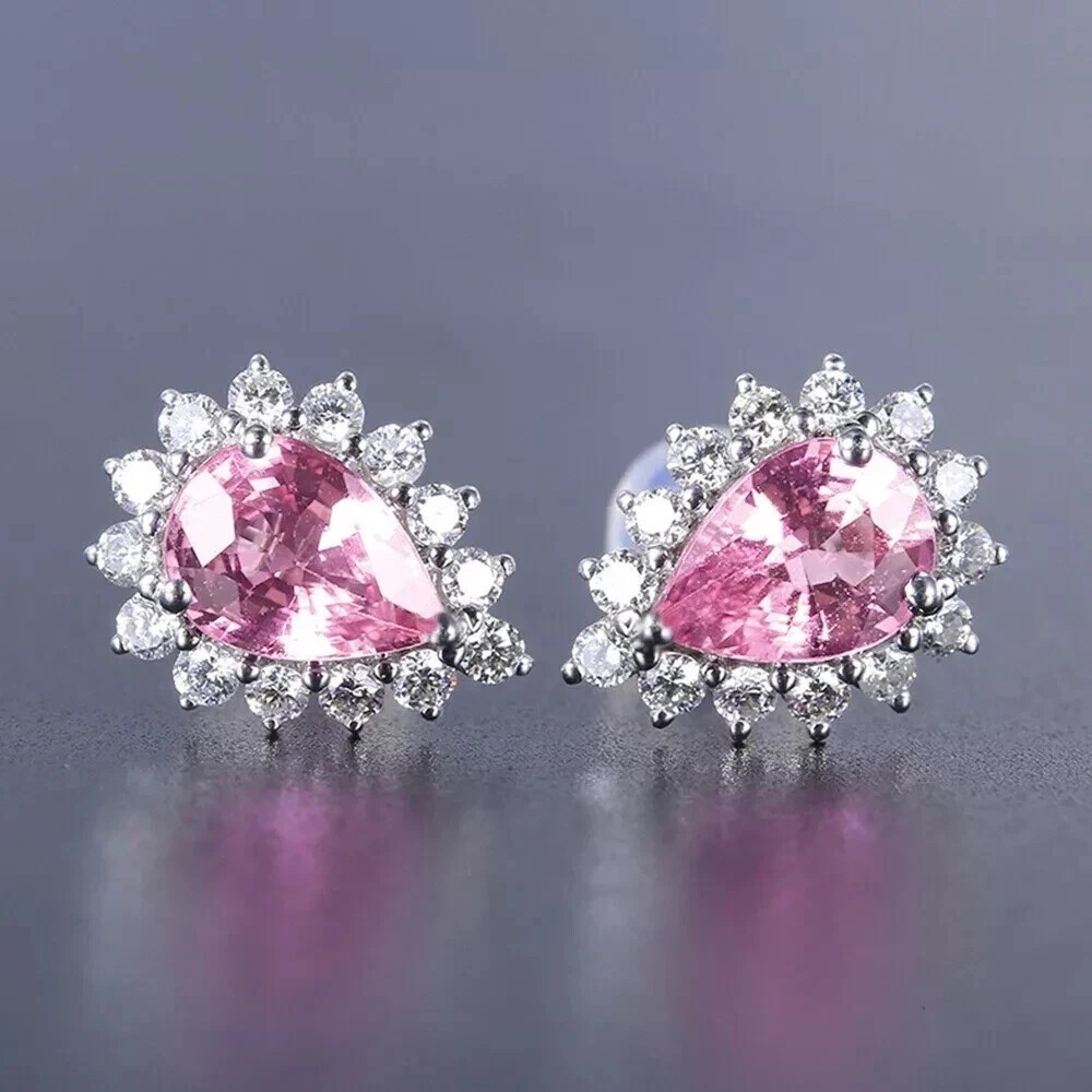 Pear Cut Simulated Pink Sapphire Women’s Stud Earrings In 14k White Gold Plated