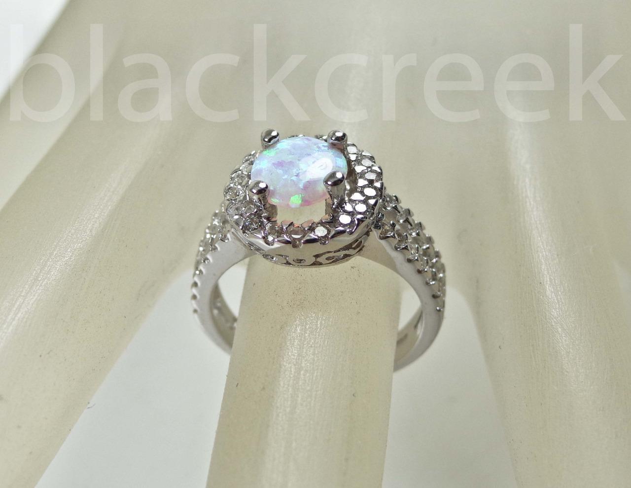 925 Sterling Silver Round White Fire Opal Micro Pave Ring size 4/5/6/7/8/9/10