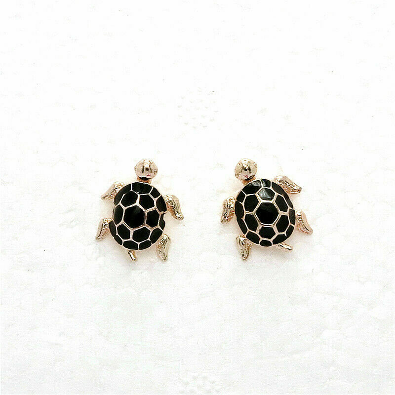 Cute New Yellow Gold Fashion Jewelry Black Enamel Turtle Stud Earrings