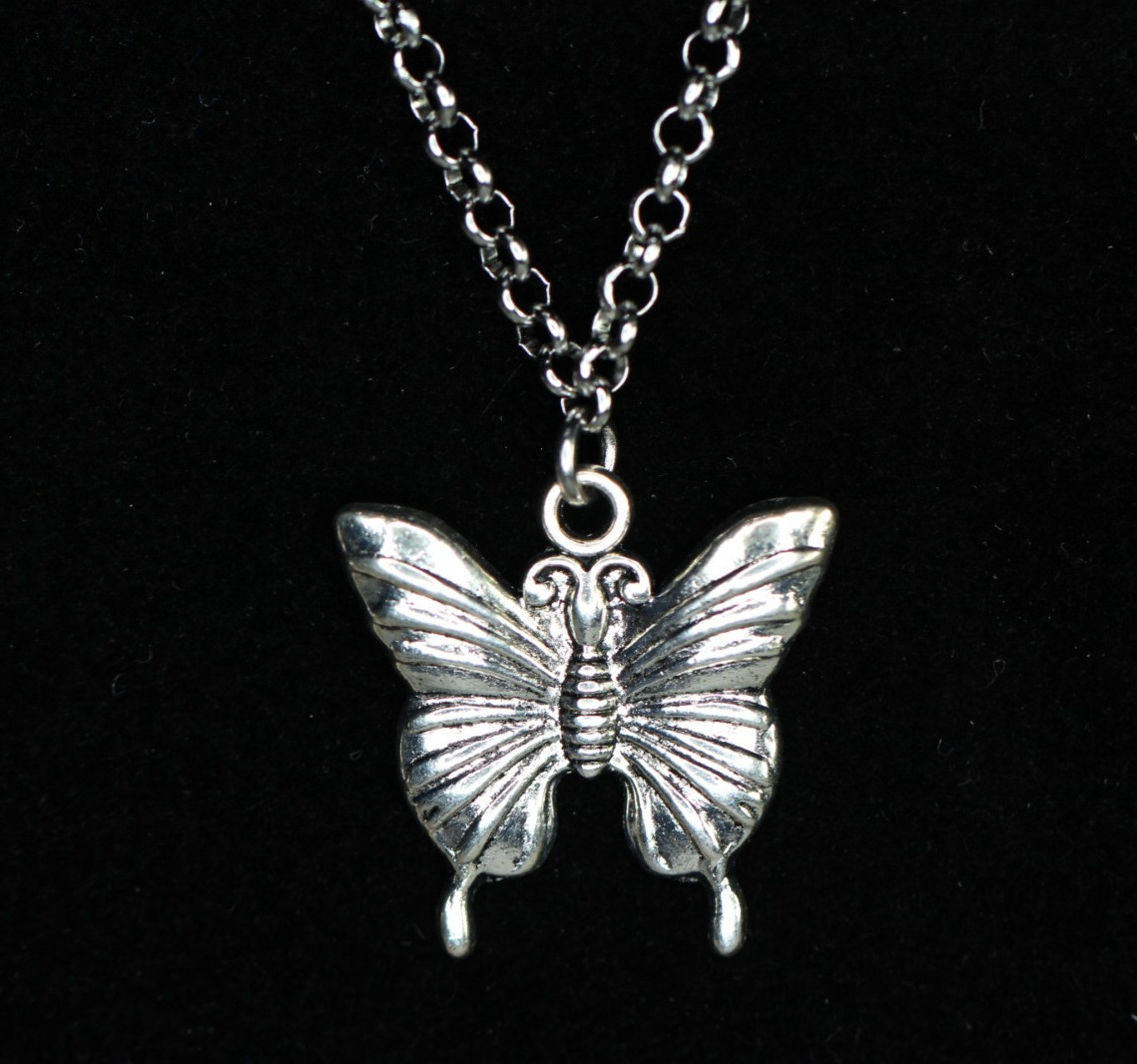 Butterfly Necklace Silver Pewter Charm 1″ Pendant 3mm Stainless Chain 18″