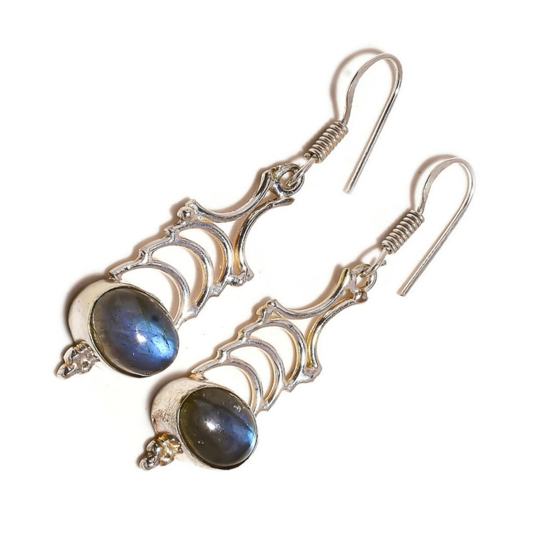 Blue Fire Labradorite Cabochon Gemstone Handmade Artisan Drop Dangle Earrings