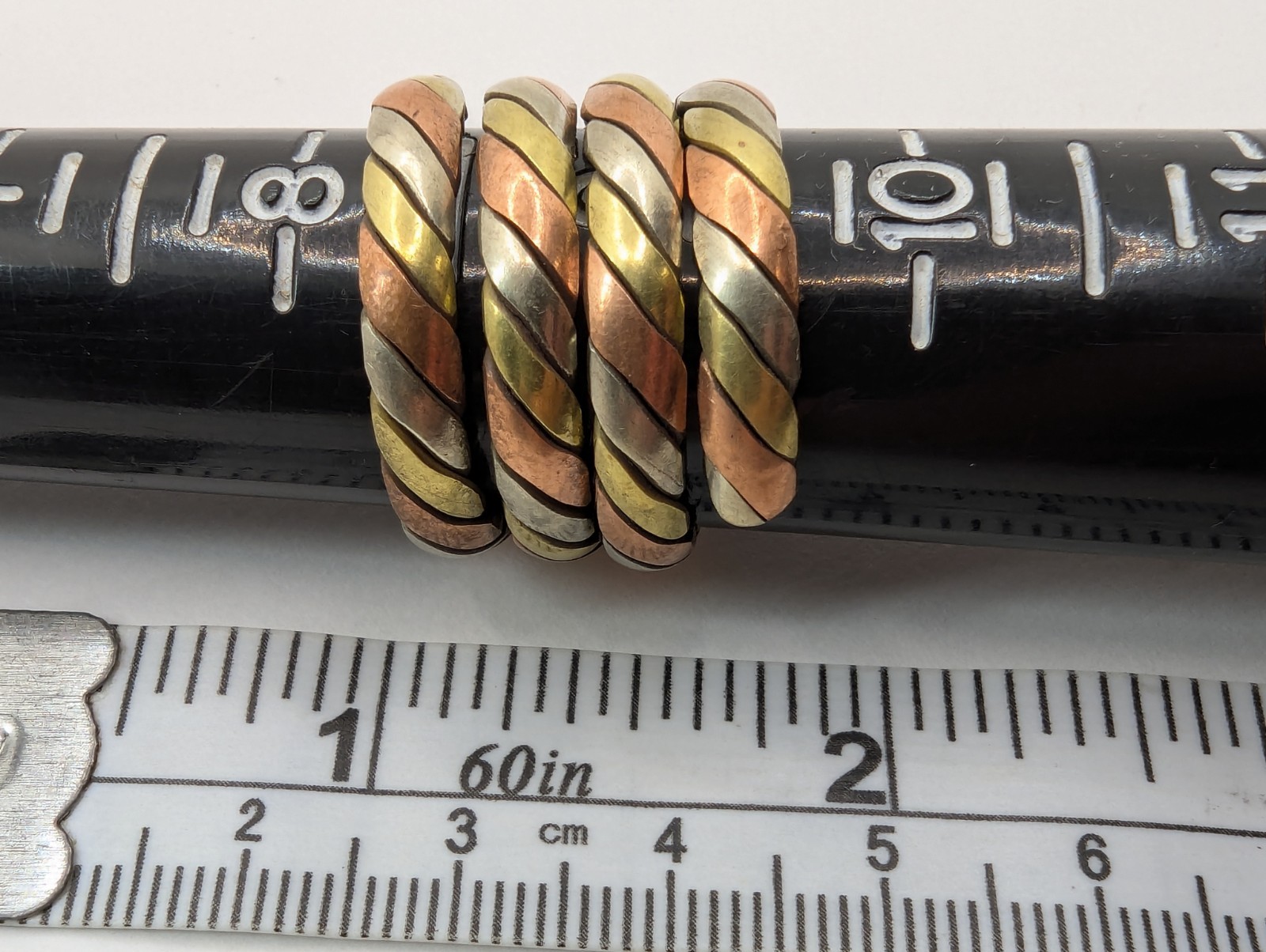 Tibetan Three Metal Coil Rings. Brass, Copper & Silver Tone Metals. Pair Of 2
