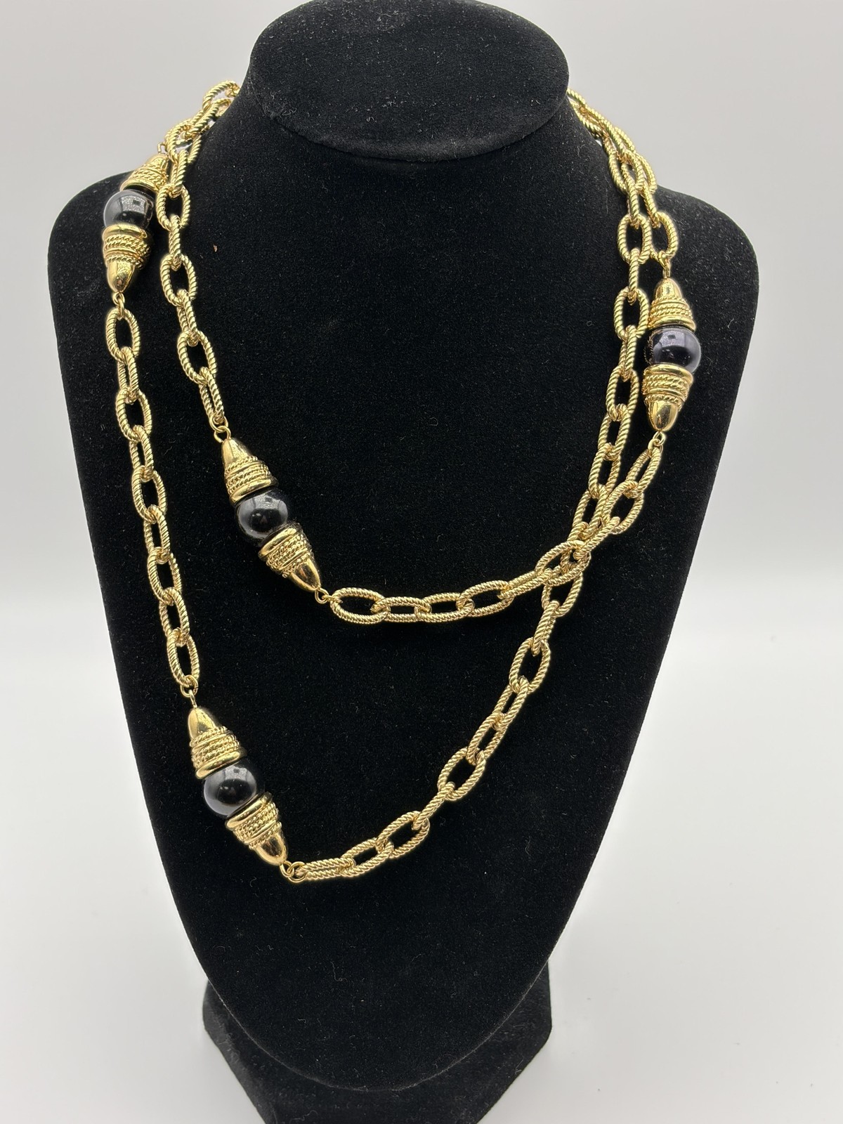 Gold Tone Rope Link Chain Necklace Black Bead Station Long Layering Statement