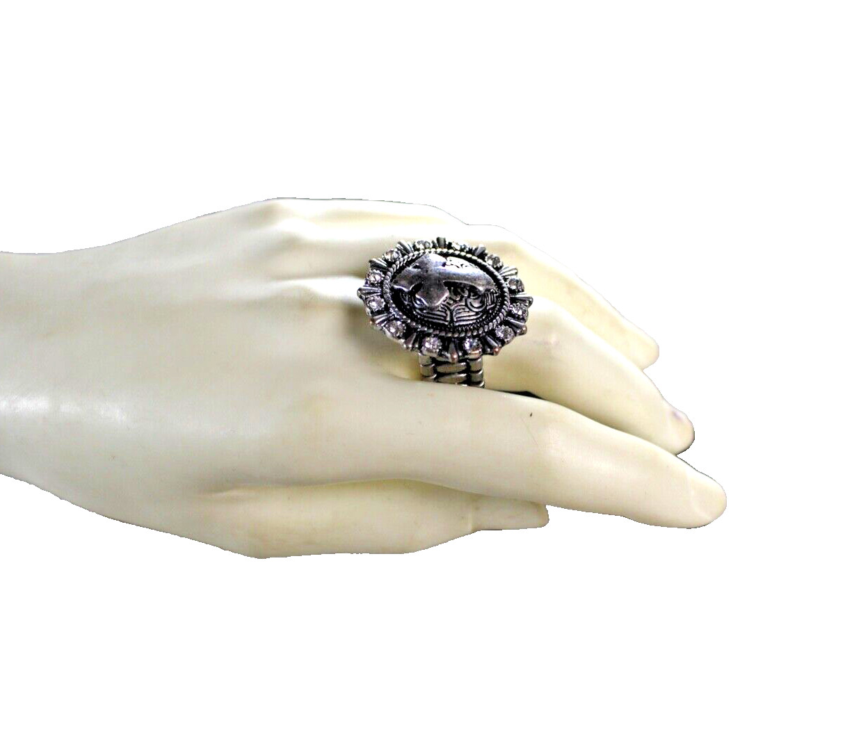 Western Womens Ring 1.25 in Cross Stretch Round Crystal Silver Cowgirl Rodeo