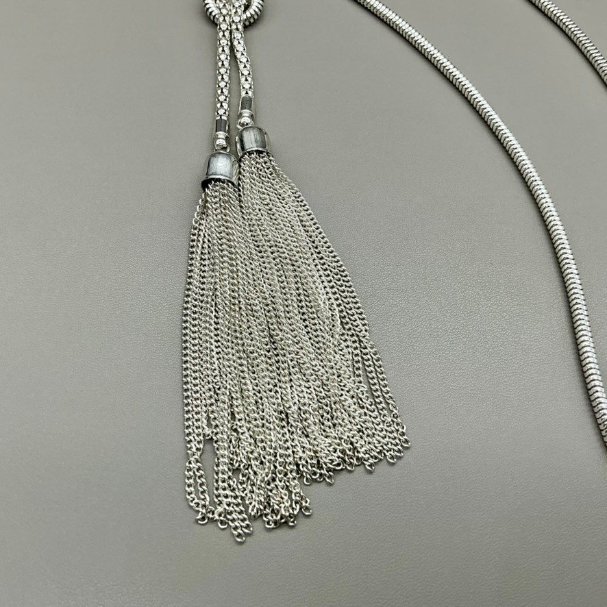 Lariat Necklace Women Silver Tone Knot Snake Chain Tassel Long 30 Inch Preppy