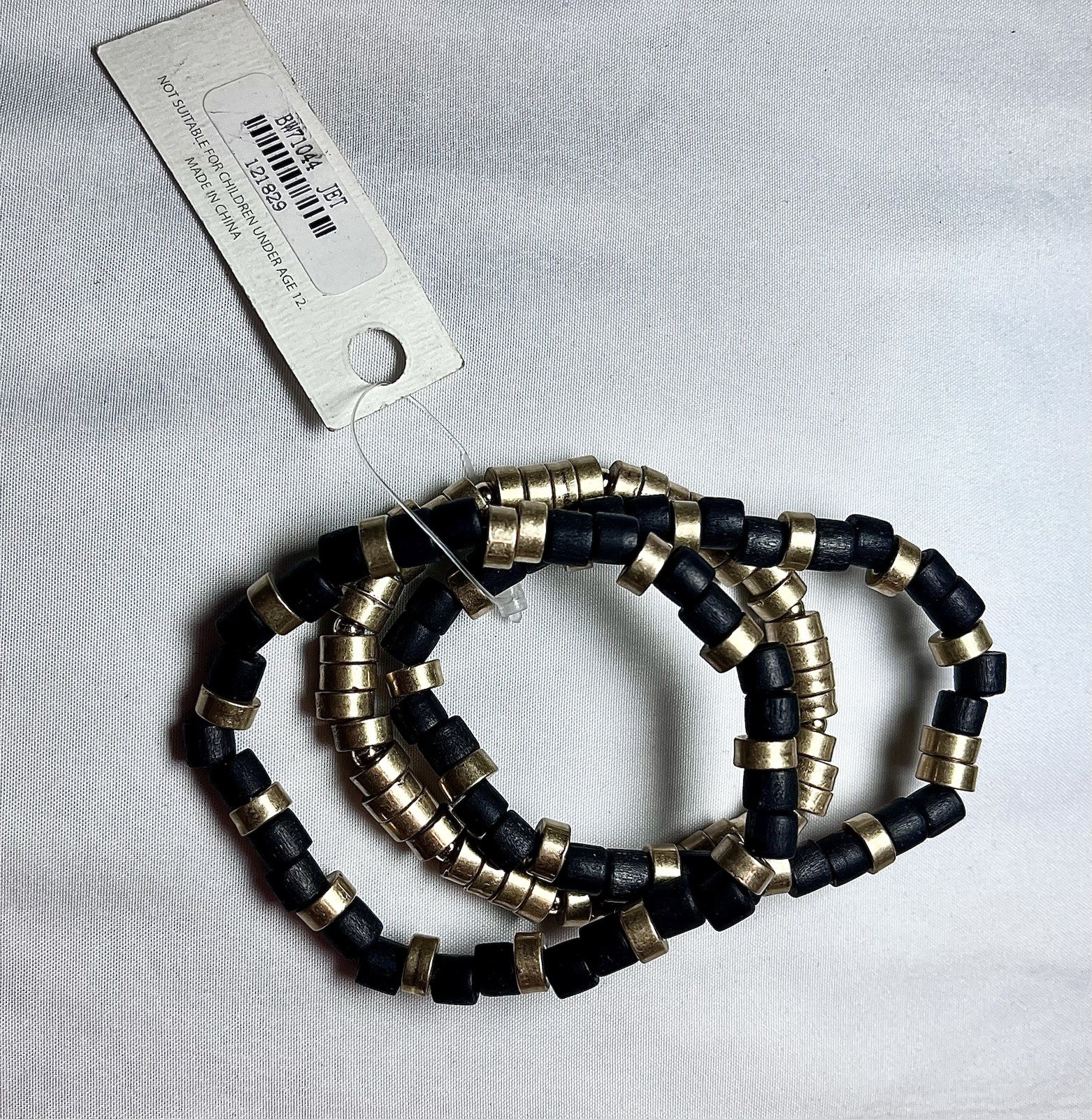 Lead Compliant Black Gold Beaded Stretch Bracelet Set Wood Metal BW71044