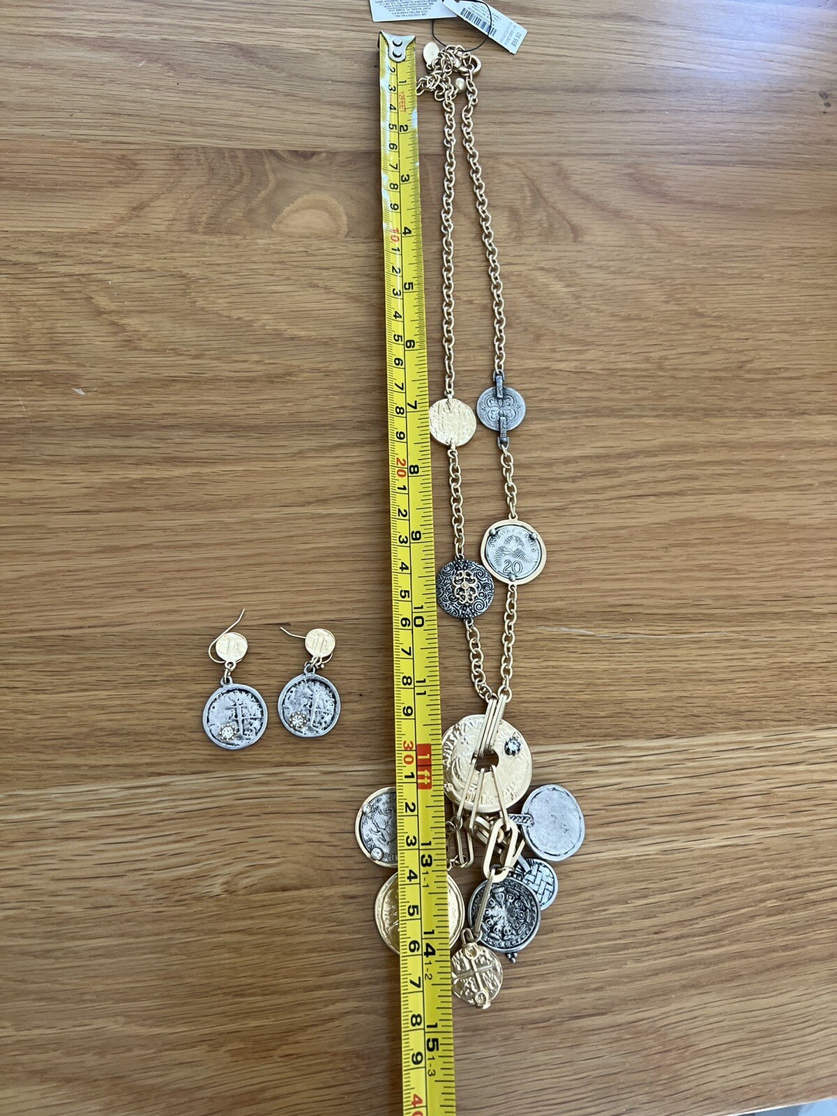 NWT CHICO’S Silver Goldtone Dangle Coins 24″ Necklace & Earrings W101