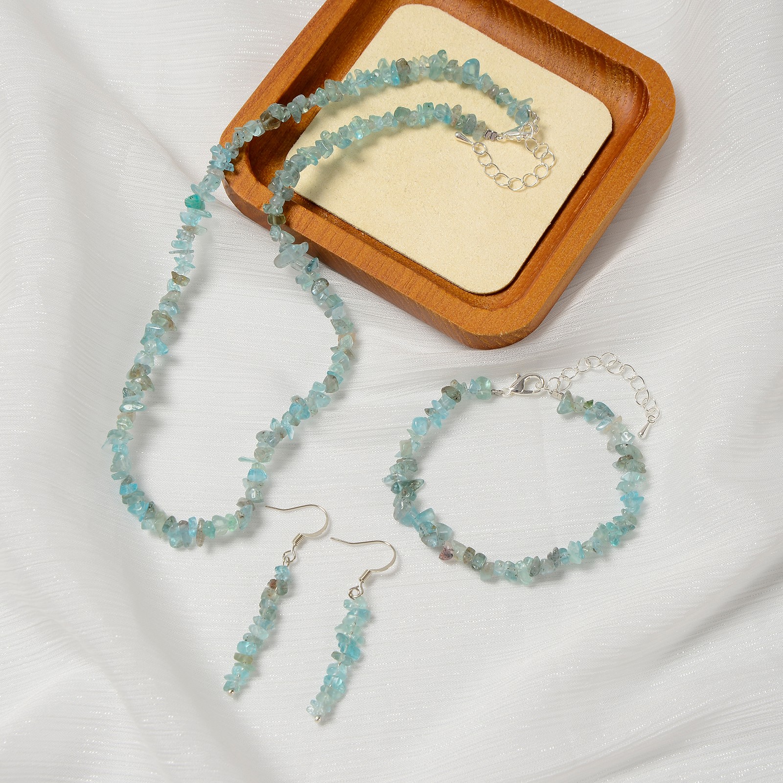 Light Blue Apatite Chips Beads Size 4-6mm Jewelry Set Bracelet Earrings Necklace