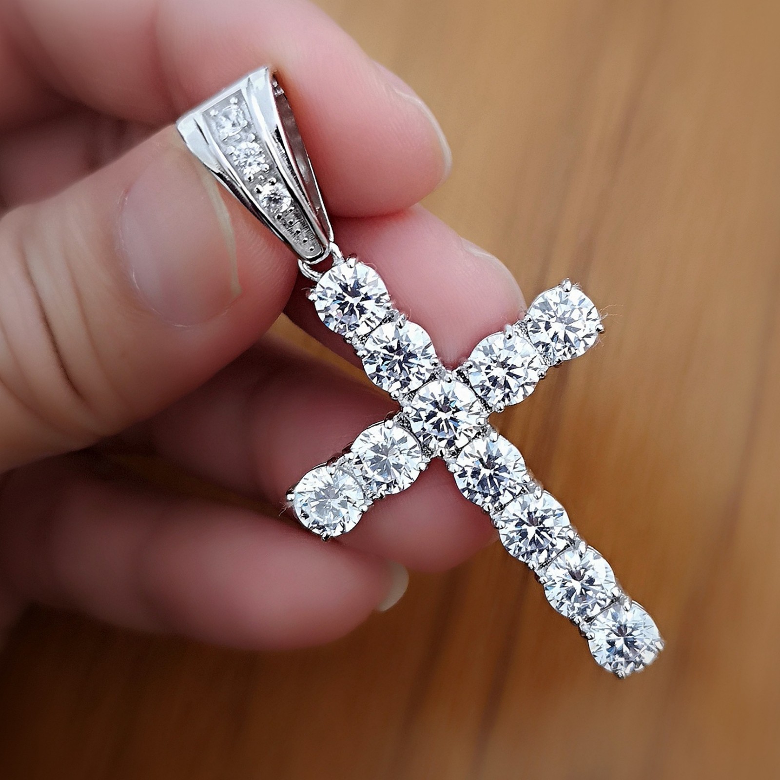 Real Solid Silver/ 14K Gold Plated 10 Ct Simulate Diamond Cross Pendant Necklace