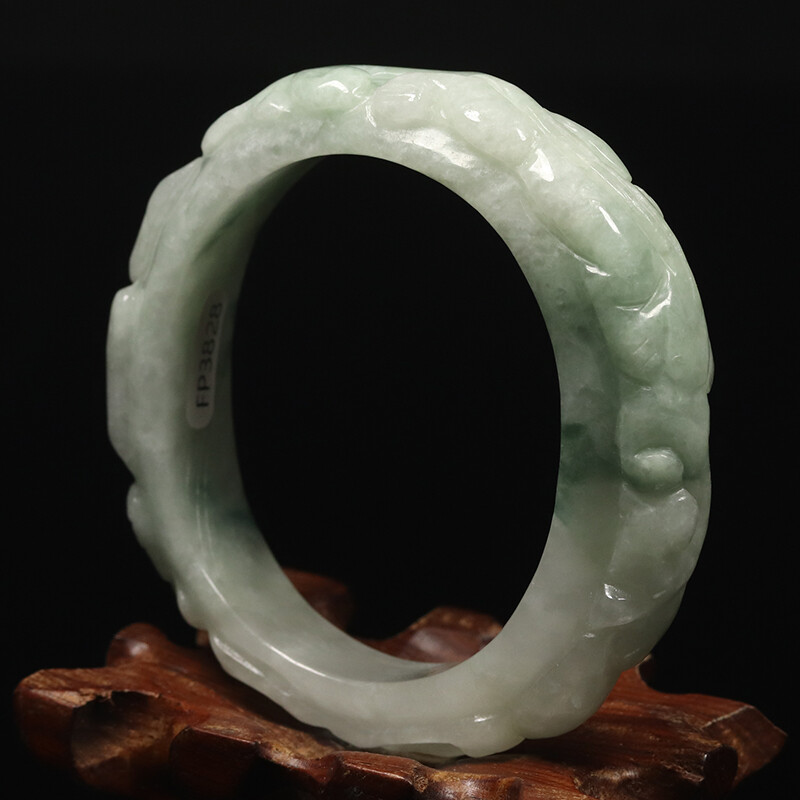 53mm White Green Jadeite Jade Bangle Bracelet Hand-carved Dragons 07709