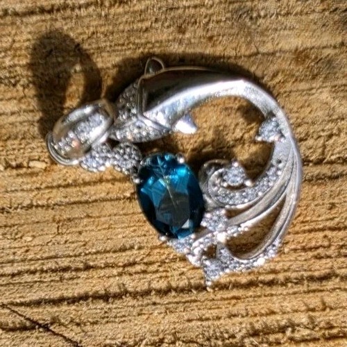 Genuine Blue Topaz Pendant 925 Sterling Silver Dolphin Wave Necklace