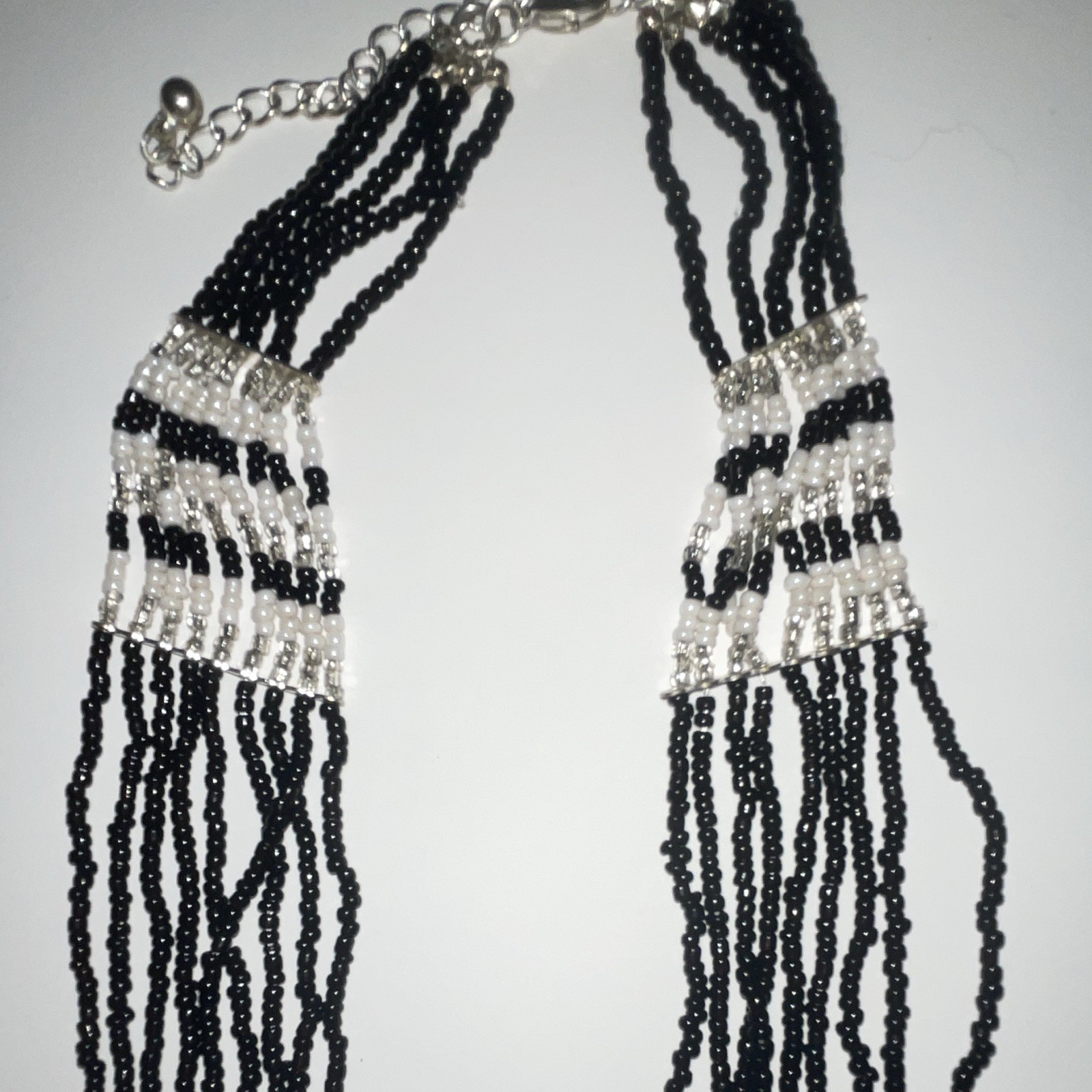 Black White Multi-Strand Beaded Necklace, Silver Tone Lobster Clasp