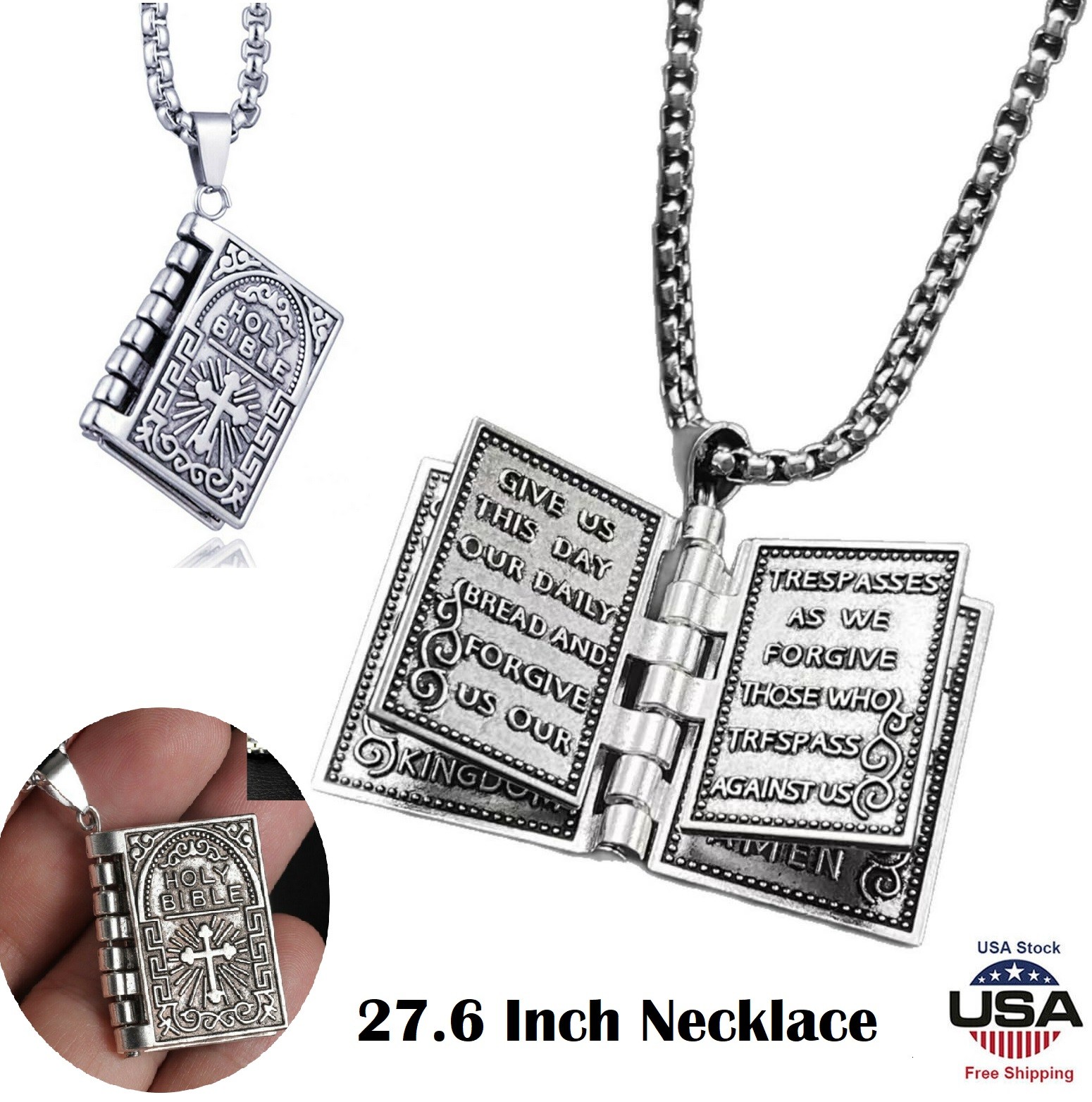 2× Stainless Steel Silver Bible Open Pages Pendant Unisex Necklace Lord’s Prayer