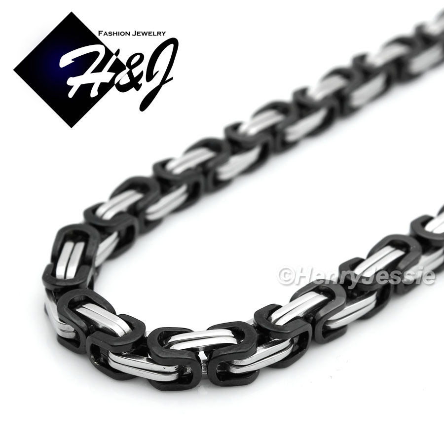 18-40″MEN Stainless Steel 9mm Silver/Black Plated Byzantine Box Chain Necklace