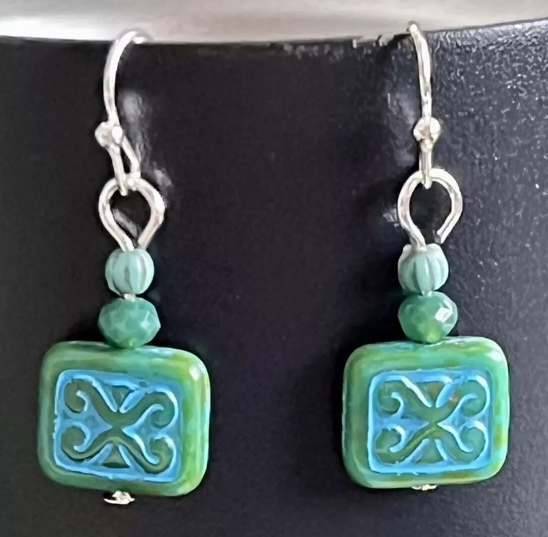 Silver with Blue and Green Picasso Glass Bead Dangle Earrings.