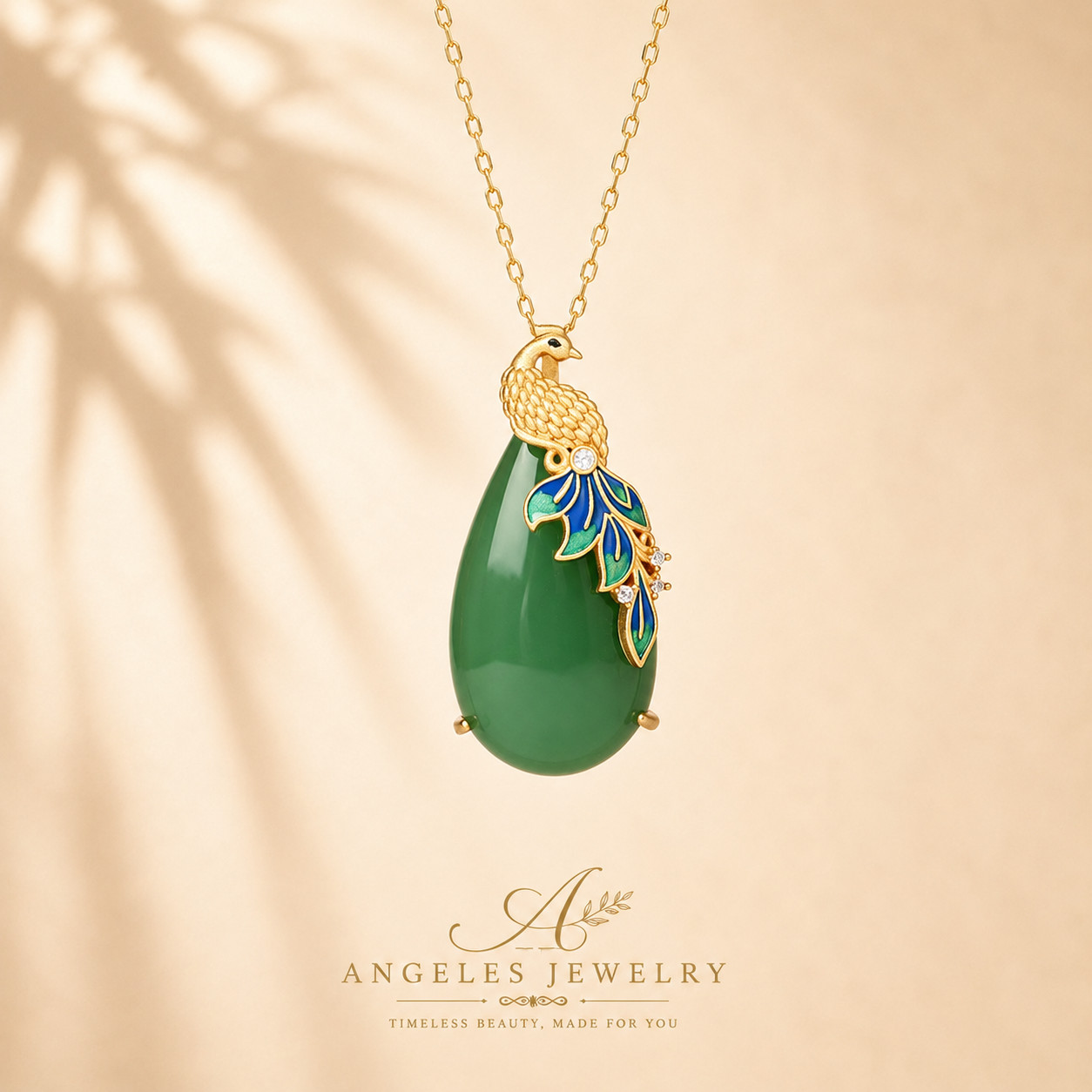 Jade Pendant Necklace Charm 18K Gold Plated Chain Phoenix Bird Dainty Gemstone