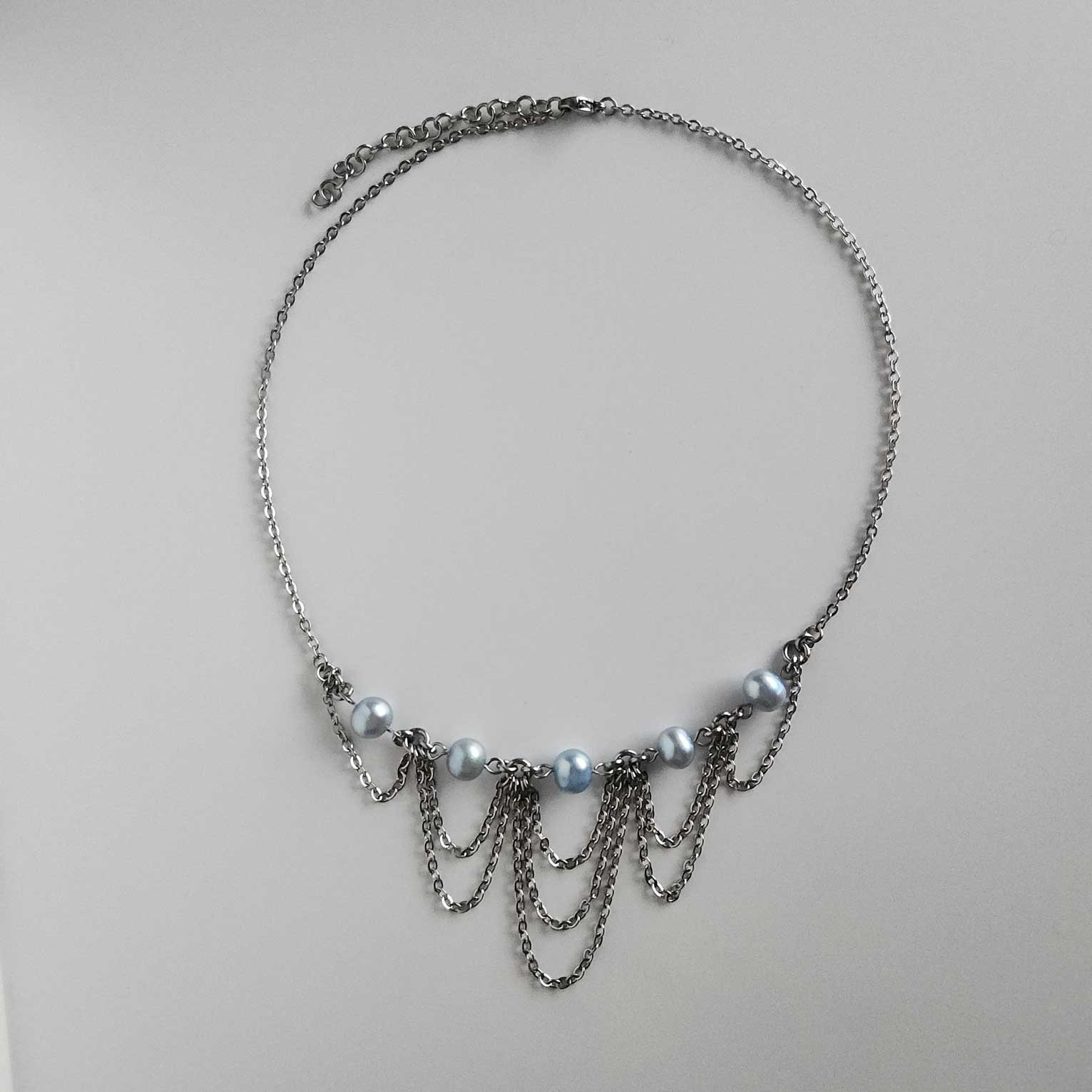 Vintage medieval style princess genuine blue pearls & silver chandelier necklace
