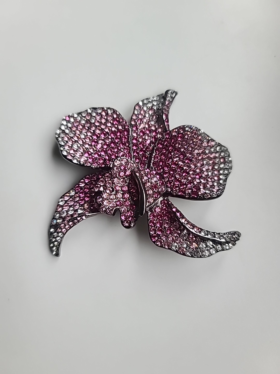 PJM Jewlery XXL PINK Clear RHINESTONE FLOWER BROOCH VINTAGE Gun Metal 3.5 Inches