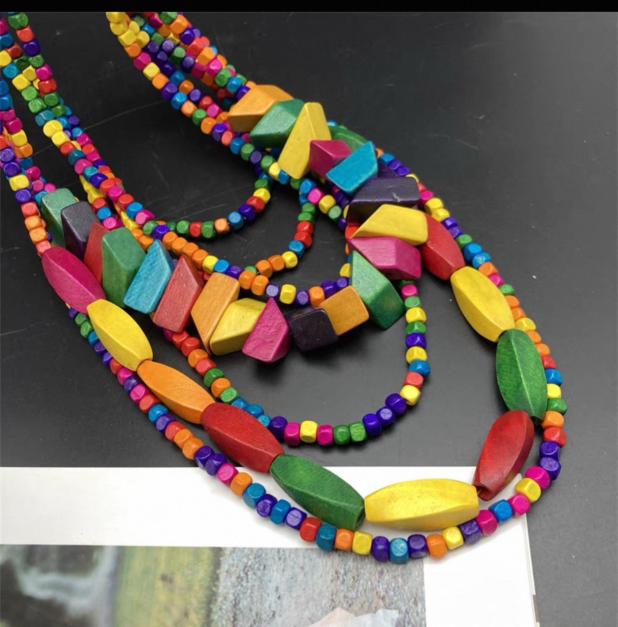 Multicolor Layered Wood Beaded Statement Necklace Adjustable Lobster Clasp