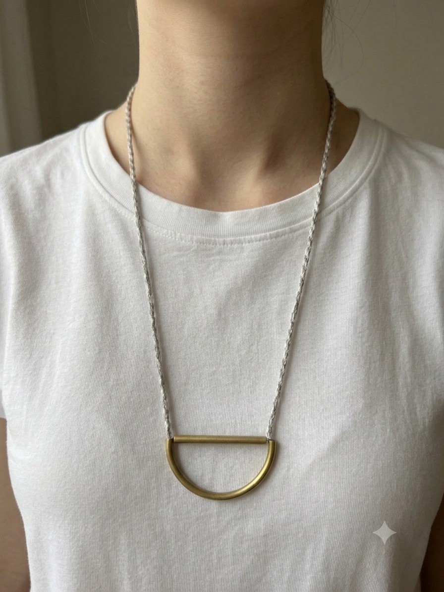 Two-Tone Silver & Gold Rope Chain Necklace Half Moon Bar Pendant Metal