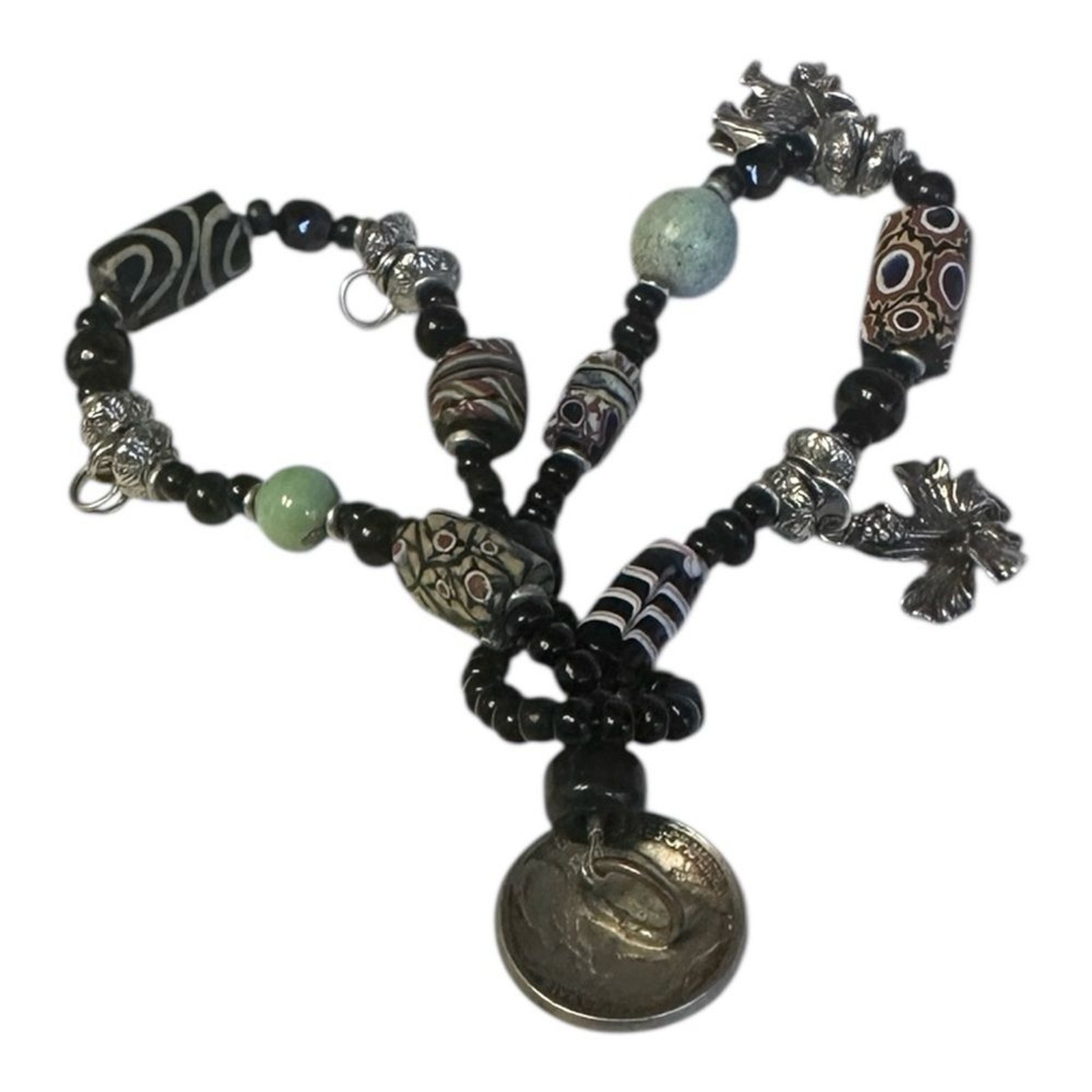 Boutique Charm Bracelet Beaded 5 Cent Button Black & Silver Eclectic