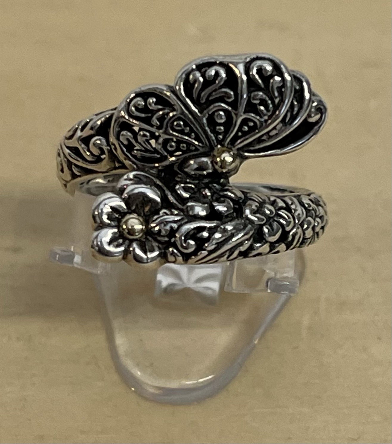 Samuel B Sterling Silver & 18K Gold Butterfly On Flower Size 9 Ring 6.7gm