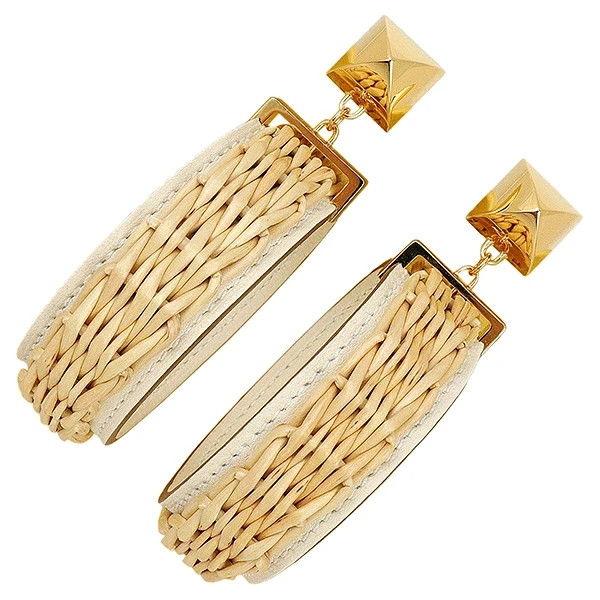 New Auth HERMES MEDOR PICNIC GM Pierced earrings Swift leather Rattan GP Women