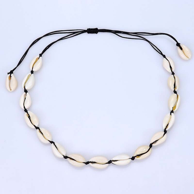Cowrie Shell Choker Boho Black String Necklace Surfer Beach Conch Puka, Hawaiian
