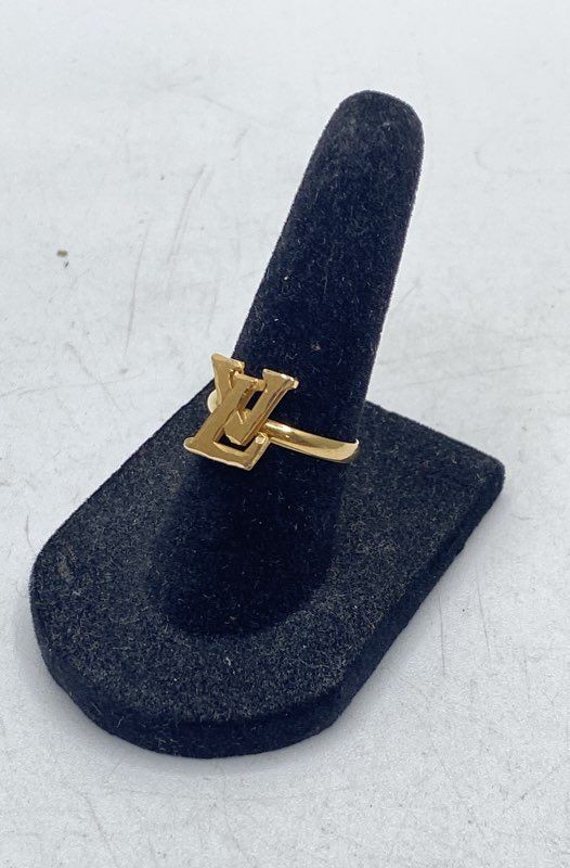 Designer Inspired LV Logo Motif Gold Tone Ring Size 6.5