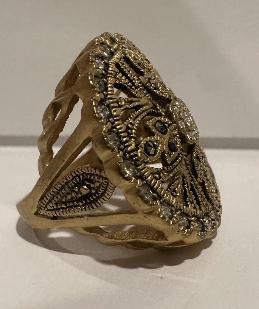 Filigree Shield Gold Tone CZ & Marcasite Rhinestone Cocktail Ring Sz 6 Statement
