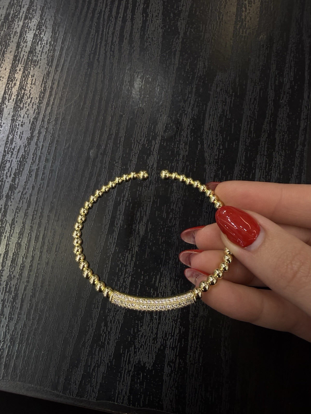 Gold Plated Beaded Pavé Bar Cuff Adjustable Bracelet