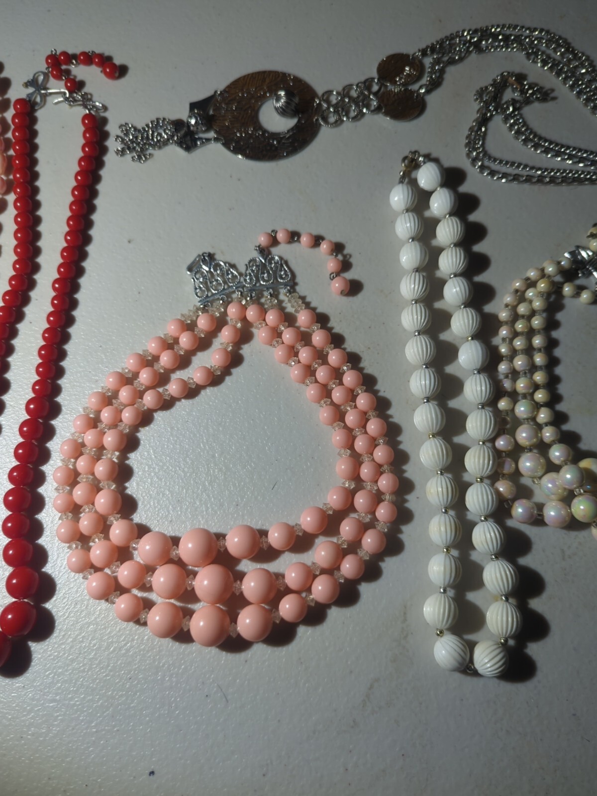 Assorted Metal & Plastic Costume Jewelry ~ Pink, Red, White, Gray ~ 6 Pieces