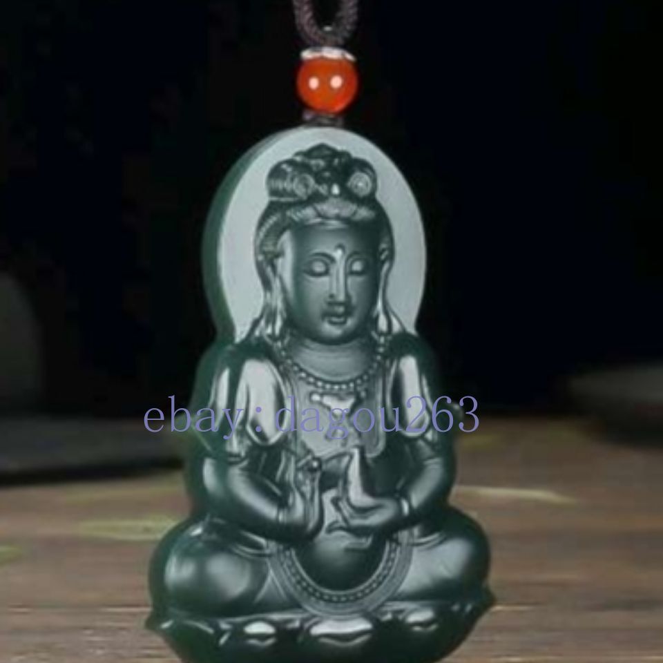 Certified natural Hetian dark green jade sitting Guanyin single-sided pendant