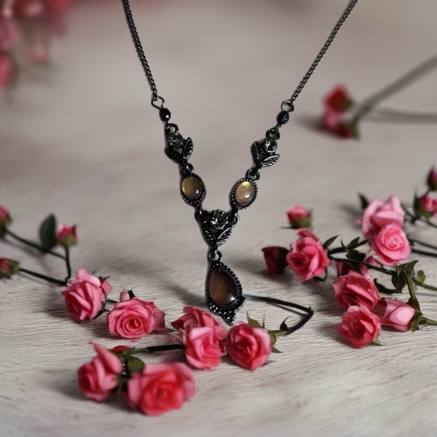 1928 Brand Gunmetal Floral Y Necklace – 15-18” – Crystal Rhinestones – Romantic