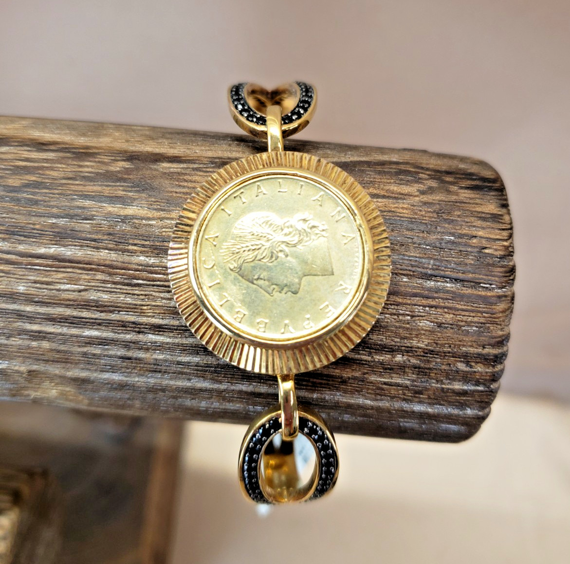 Bellezza Italy Coin Bangle Bracelet Bronze with Black CZ 20 Lira with Tag