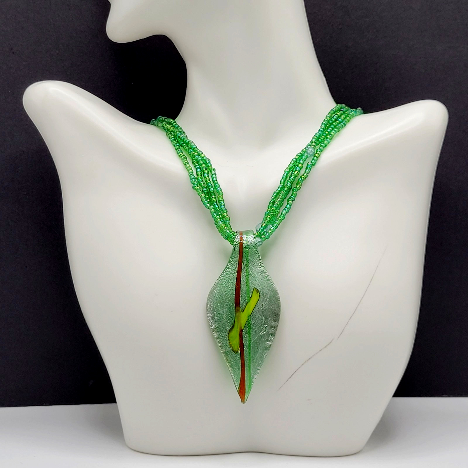 Green Art Glass Pendant Iridescent Seed Bead Multi Strand Necklace Vtg Y2K Era