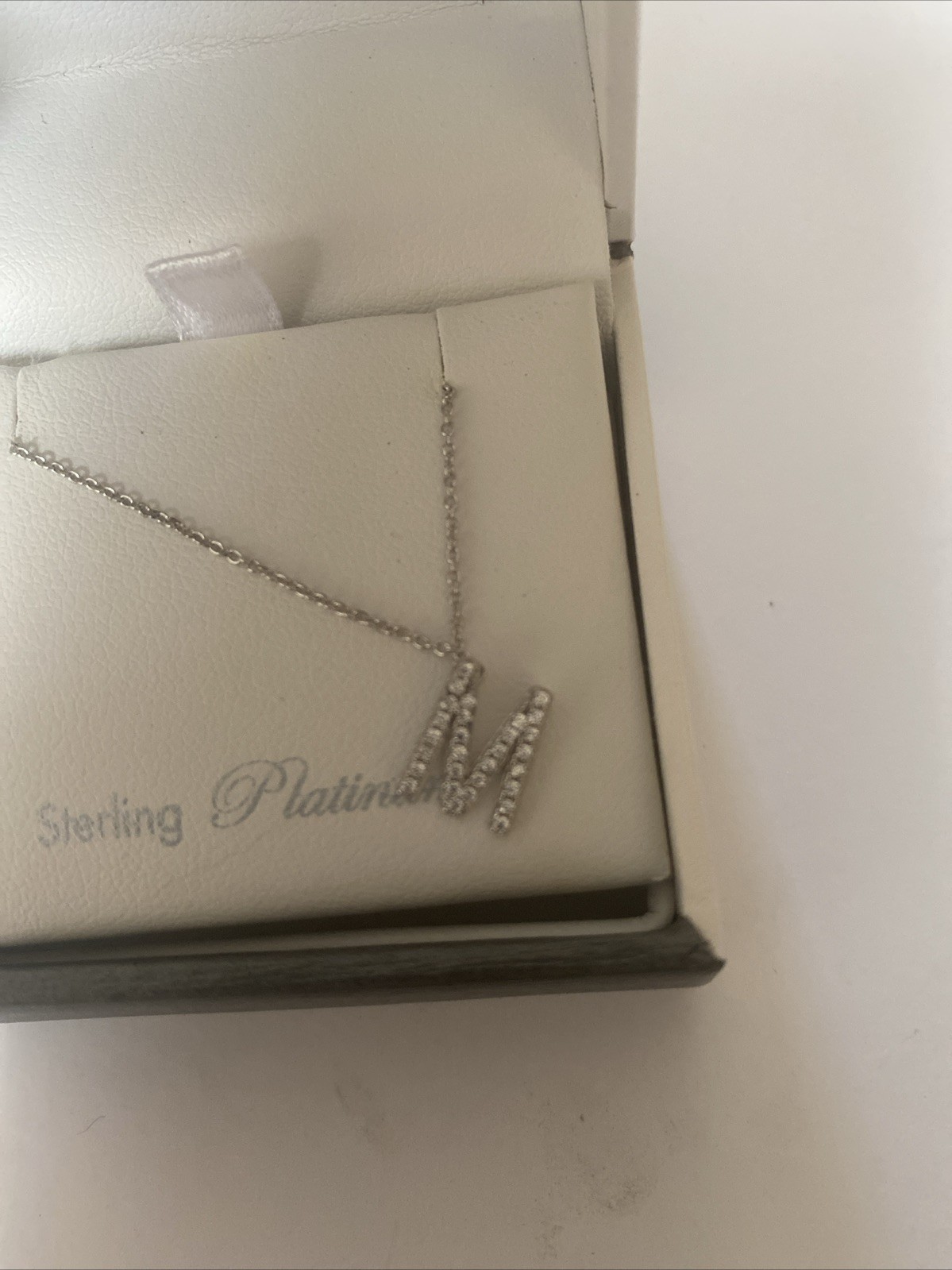 Crislu – Sterling Silver & Platinum Rhinestone Necklace – Initial M – NIB
