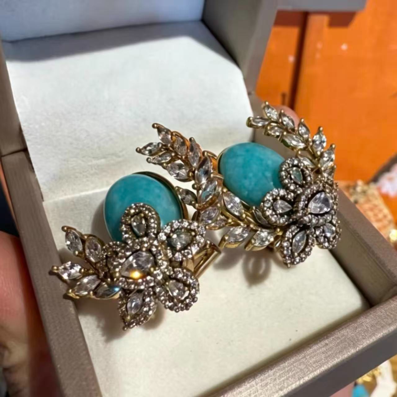 Turquoise Floral Earrings Vintage Gold Crystal Statement Luxury Jewelry Gift