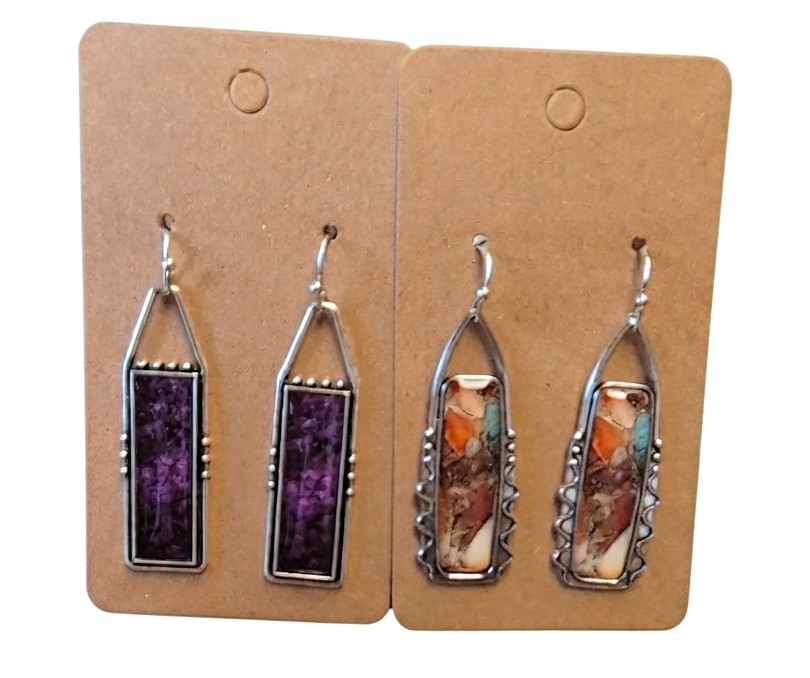 Silver Tone Metal Rectangle Dangle/Drop Hook Earrings 2 Pair Set, Purple