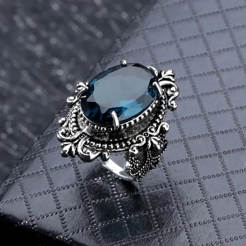 Vintage Oval Blue CZ Ring Women’s Retro Statement Party Jewelry