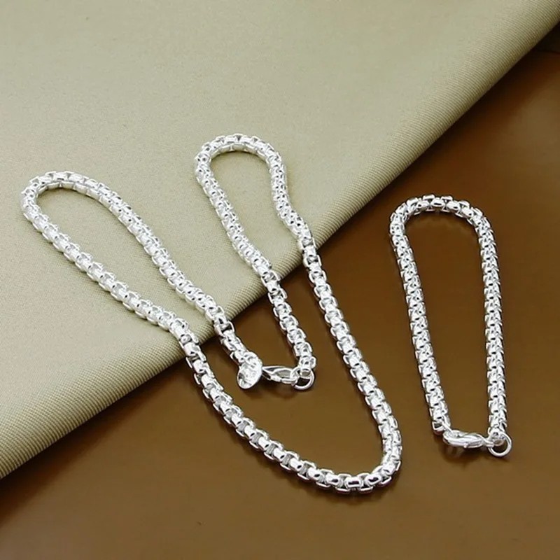 925 Sterling Silver 5mm Box Chain Necklace Bracelet Set Men Women Jewellery gift
