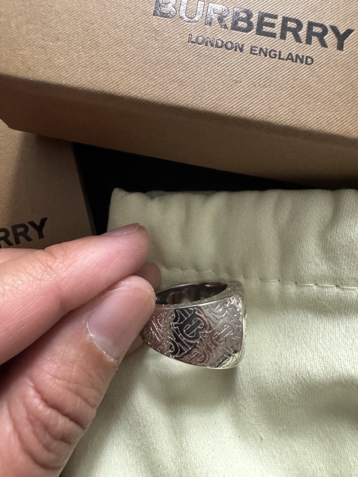 Burberry – Monogrammed Palladium-Plated Signet Ring – Silver Size 58