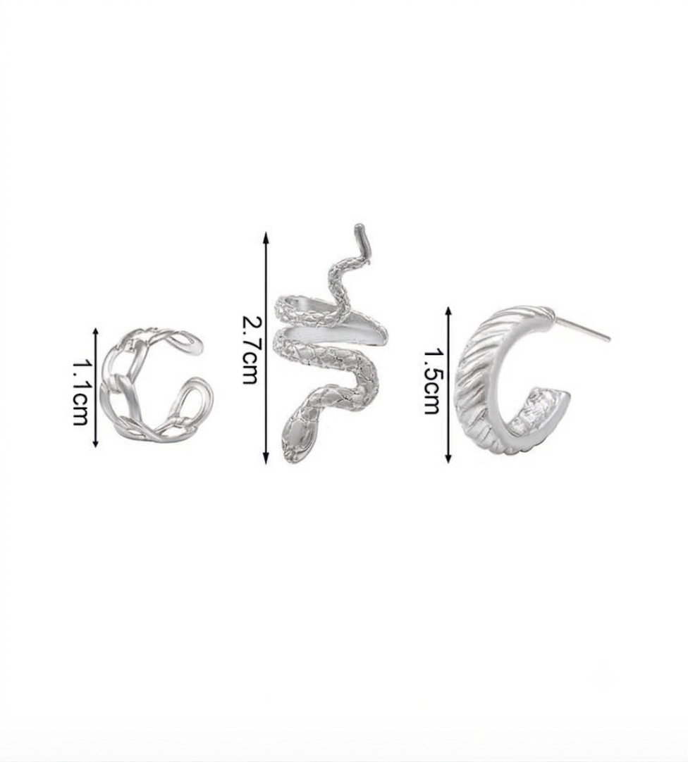 3Pcs Silver Snake Ear Cuff Set Punk Helix Cartilage Clip On Earrings Hoop Jewelr
