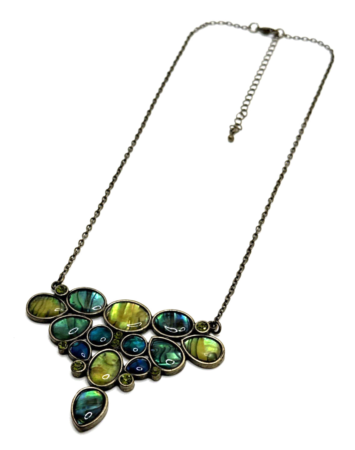 Abalone Pendant Necklace Bronze Tone Oval Cabs Green Rhinestone Accent 19″ – 22″