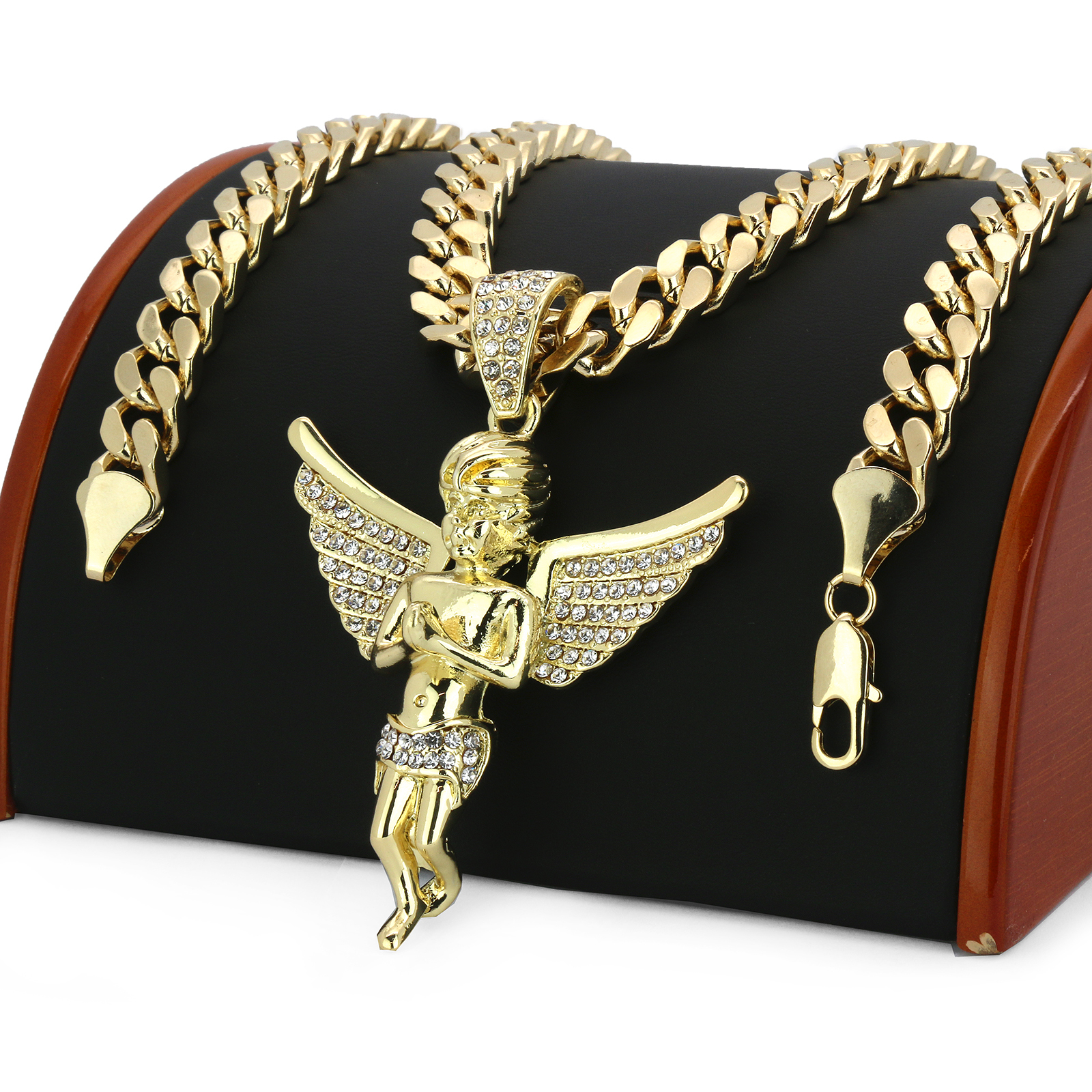 14k Gold Plated Big Hip Hop Angel Pendant Cubic Zirconia 30″ Cuban Link Chain