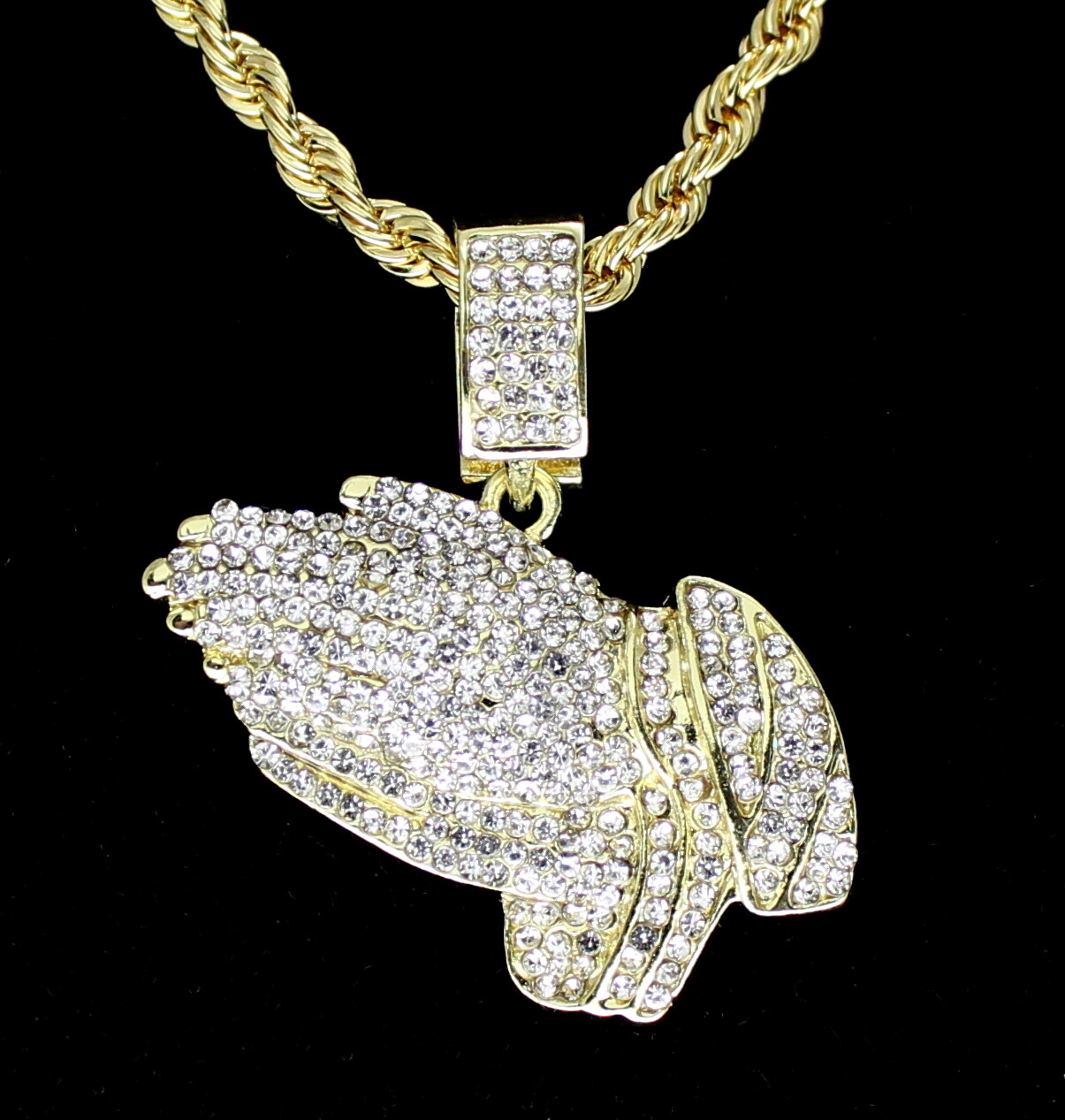 Icy Praying Hands Cz Pendant 14k Gold Plated 24″ Rope Chain Hip Hop Necklace