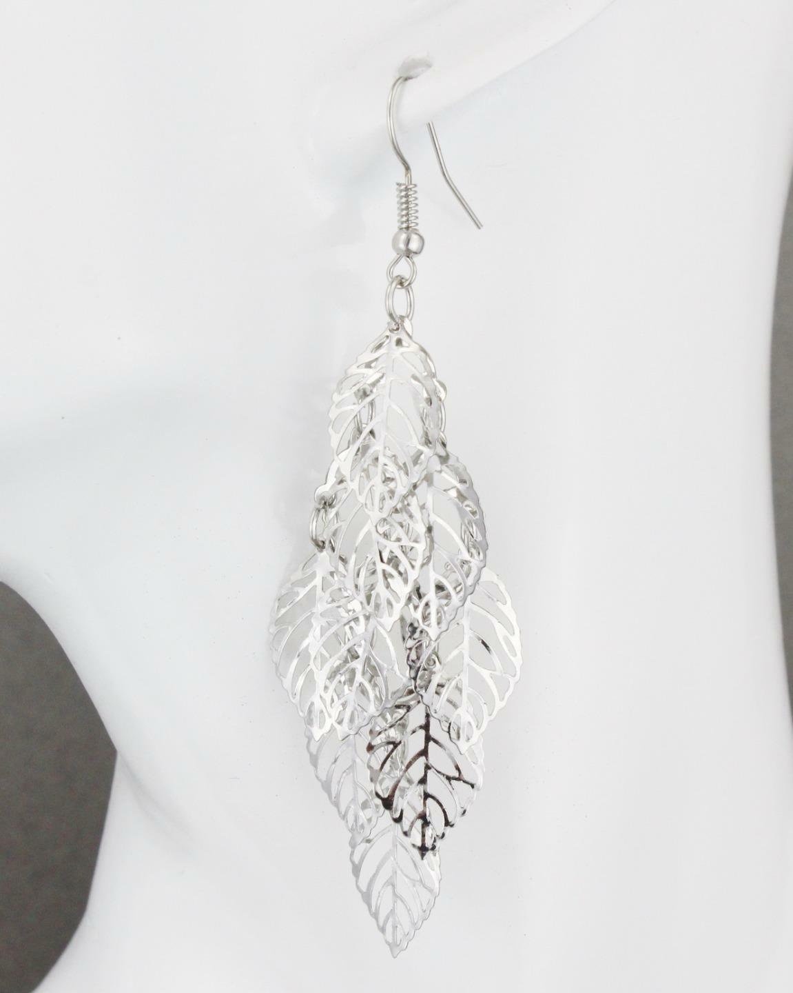 Silver chandelier earrings filigree leaf dangle pendant wiggly leaves 3.25″ long