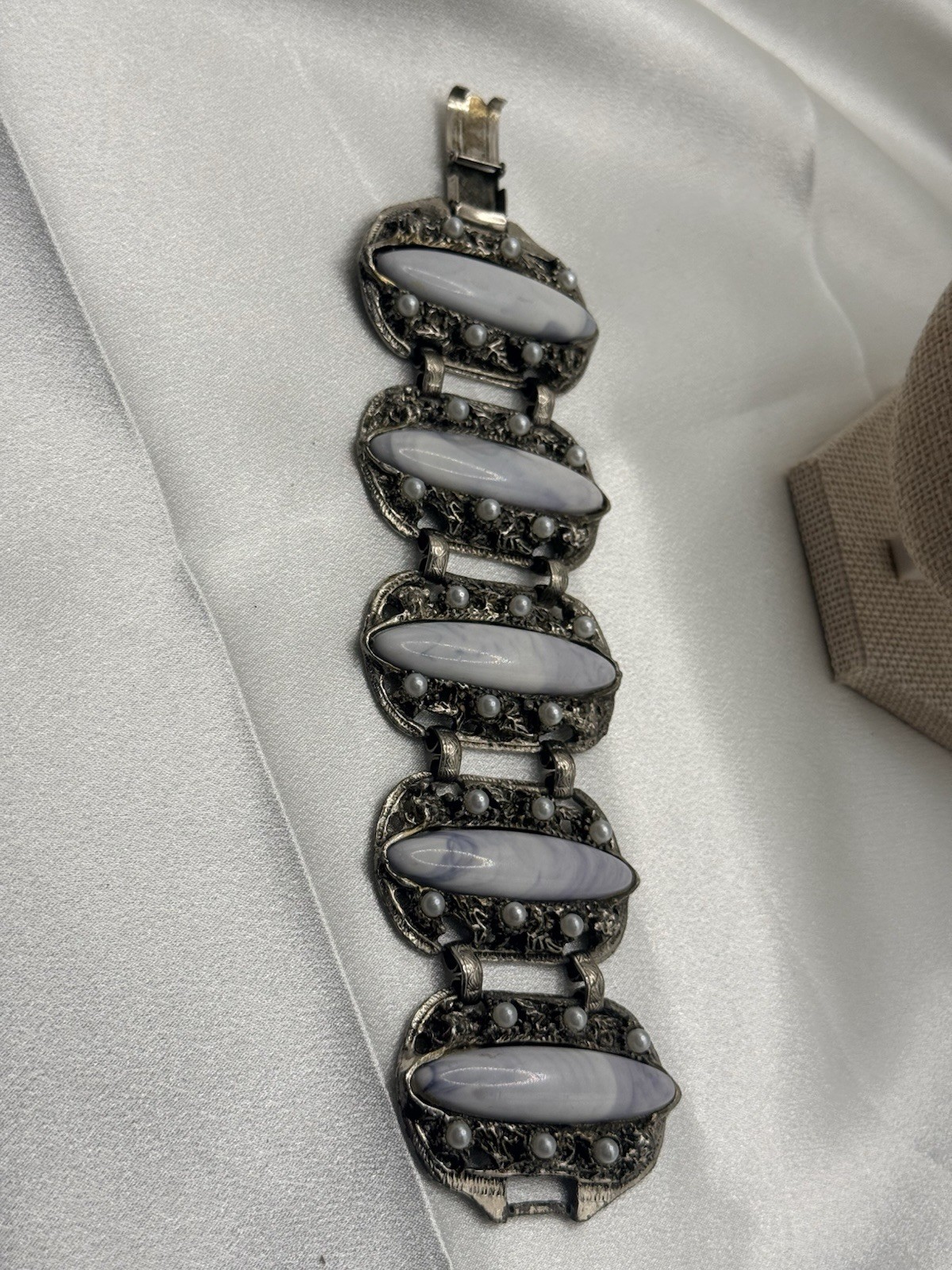 Vintage 1960s Brutalist Silver Tone Link Bracelet Blue Swirl Plastic Cabochons