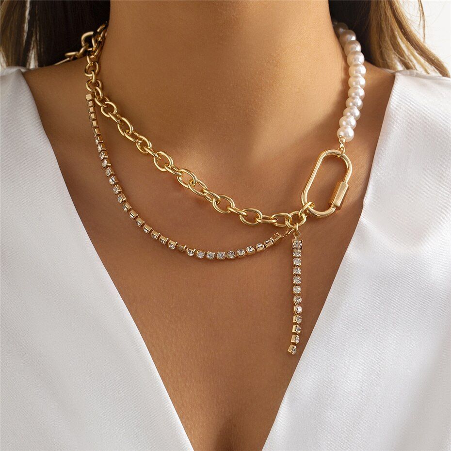 Asymmetric Fake Pearl Aluminum Alloy Choker Tennis Necklace Fashion Jewelry Wear